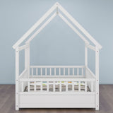 Twin Size Floor Wooden Bed with House Roof Frame Fence Guardrails