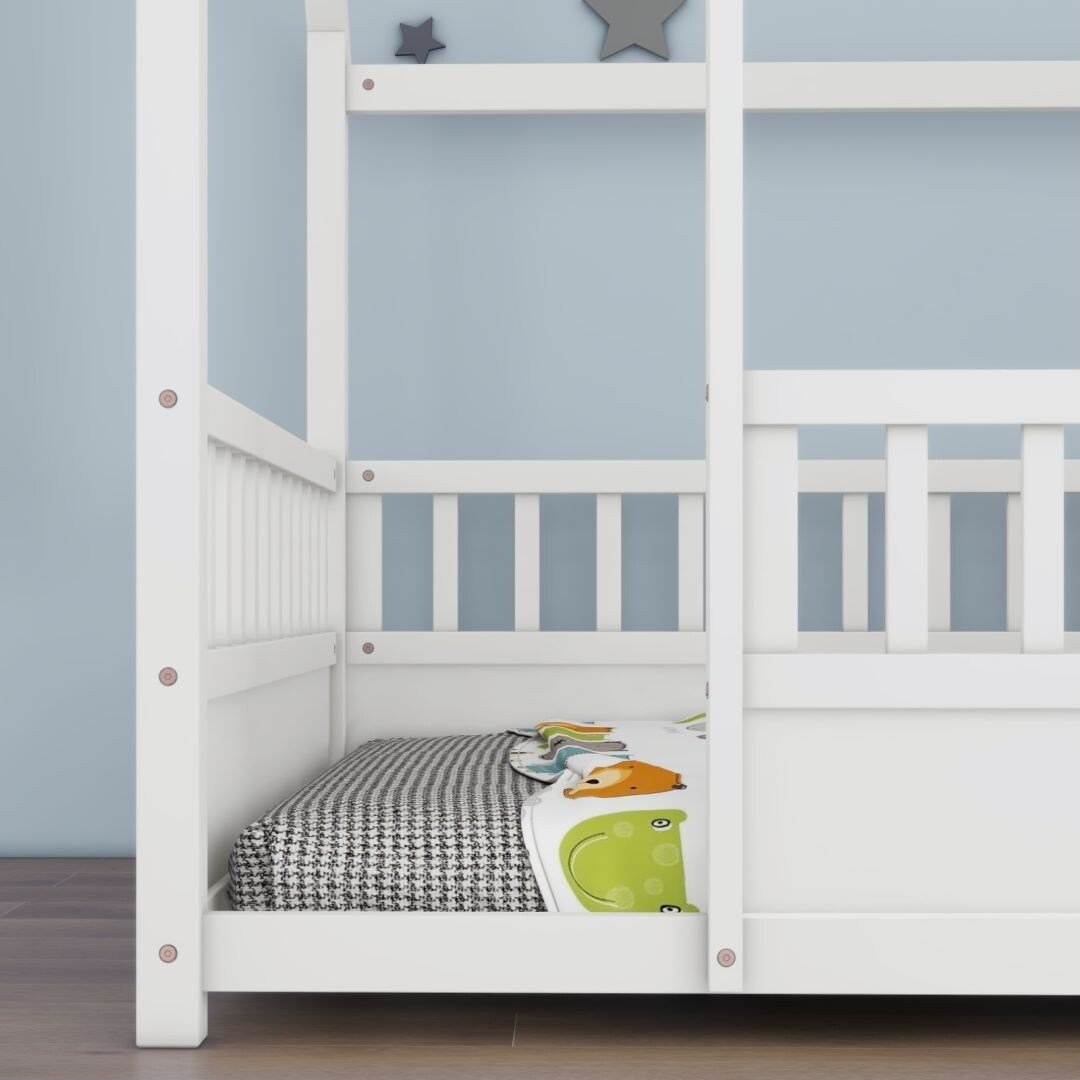 Twin Size Floor Wooden Bed with House Roof Frame Fence Guardrails