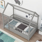 Twin Size Floor Wooden Bed with House Roof Frame Fence Guardrails