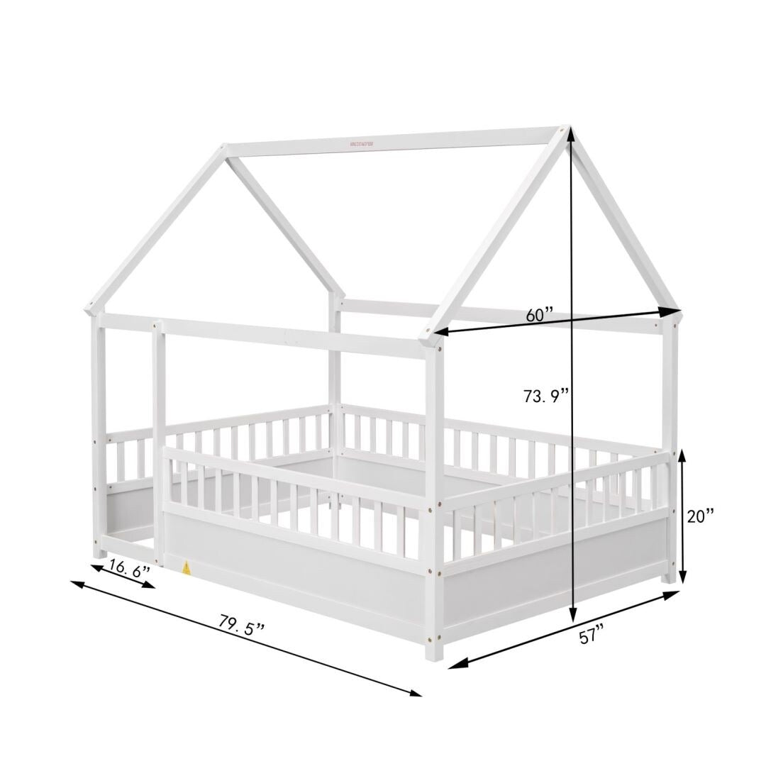 Twin Size Floor Wooden Bed with House Roof Frame Fence Guardrails
