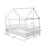 Twin Size Floor Wooden Bed with House Roof Frame Fence Guardrails