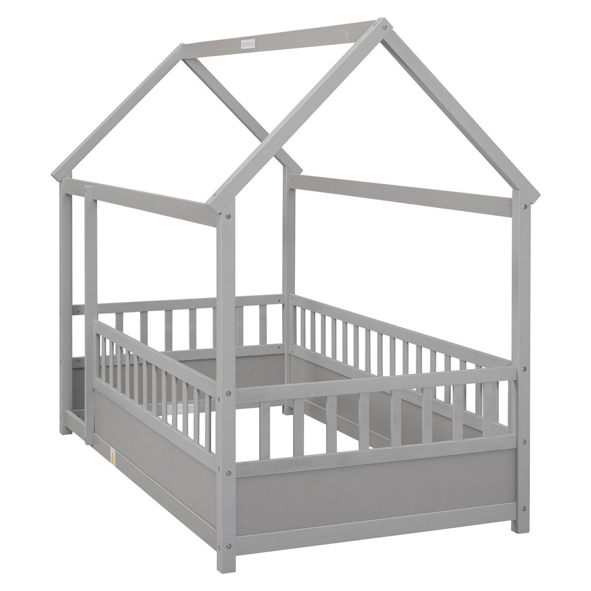 Twin Size Floor Wooden Bed with House Roof Frame Fence Guardrails