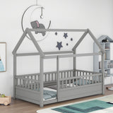 Twin Size Floor Wooden Bed with House Roof Frame Fence Guardrails
