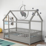 Twin Size Floor Wooden Bed with House Roof Frame Fence Guardrails