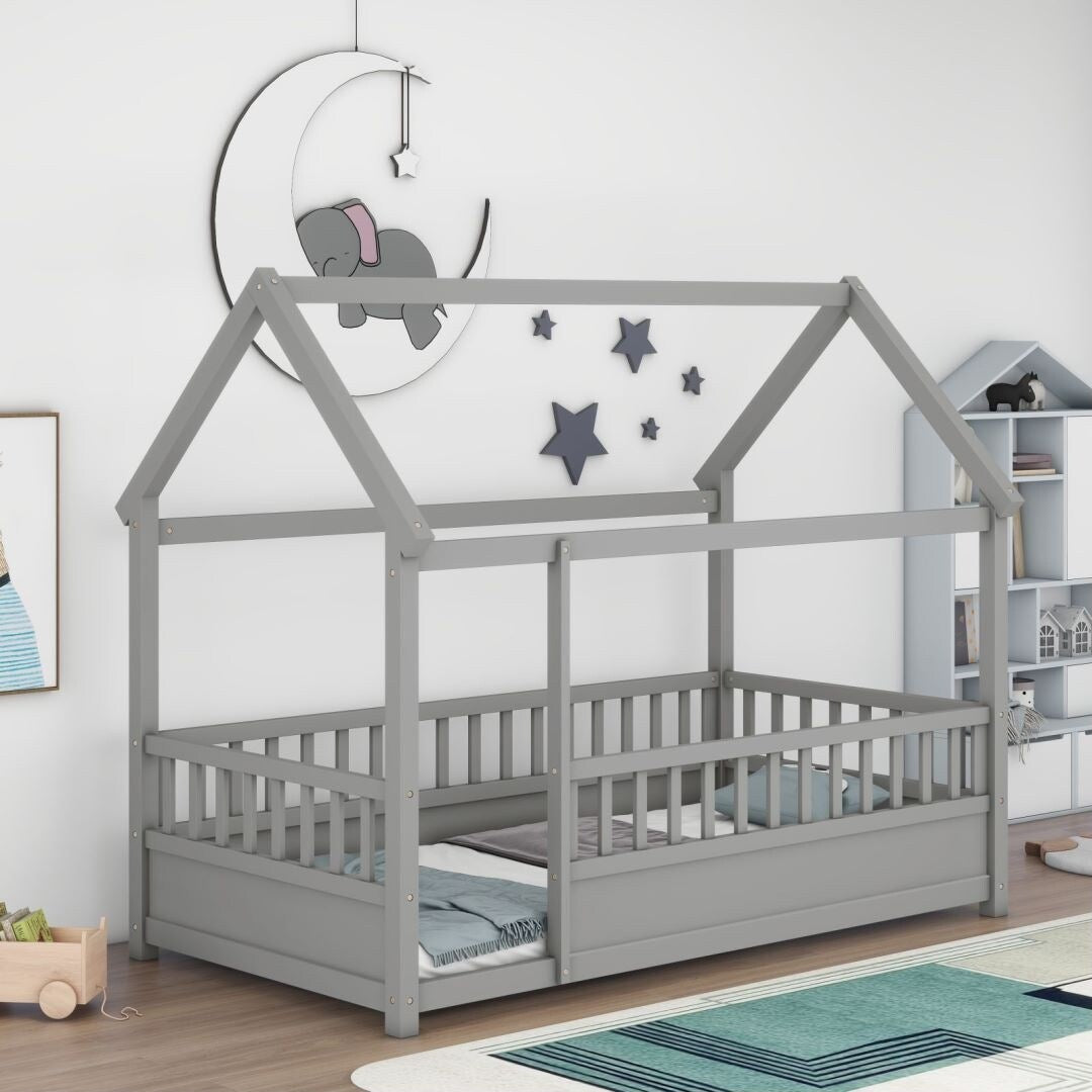 Twin Size Floor Wooden Bed with House Roof Frame Fence Guardrails
