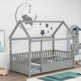 Twin Size Floor Wooden Bed with House Roof Frame Fence Guardrails
