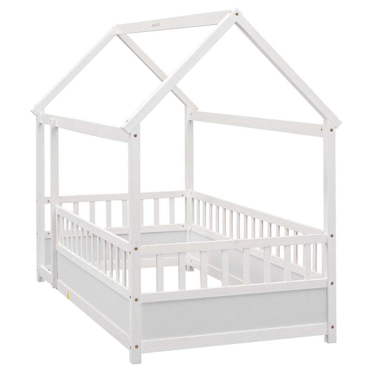 Twin Size Floor Wooden Bed with House Roof Frame Fence Guardrails