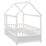 Twin Size Floor Wooden Bed with House Roof Frame Fence Guardrails