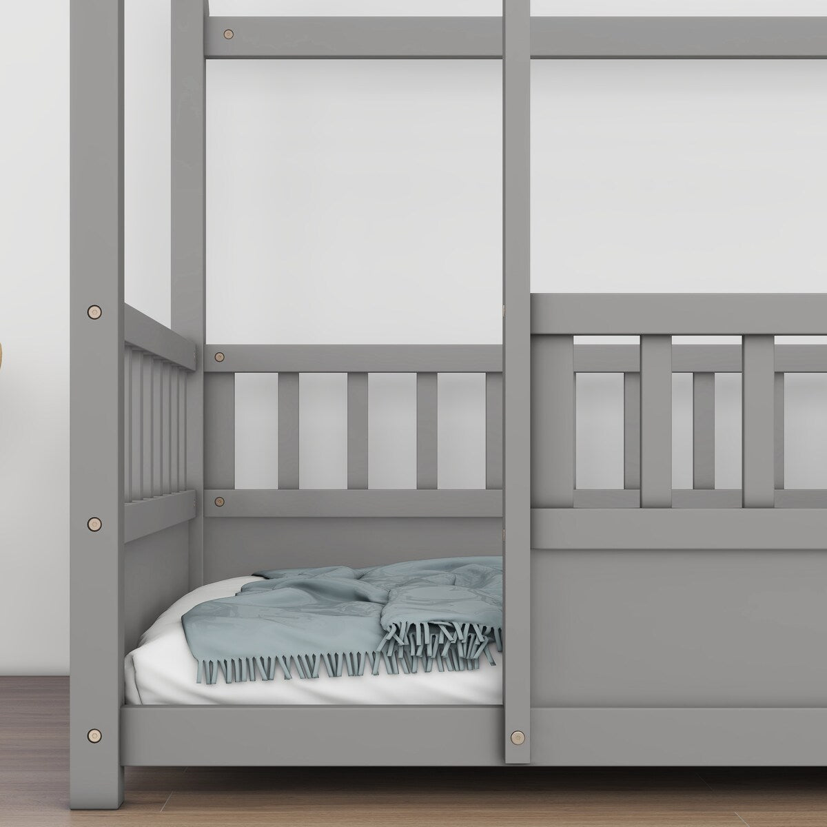 Twin Size Floor Wooden Bed with House Roof Frame Fence Guardrails