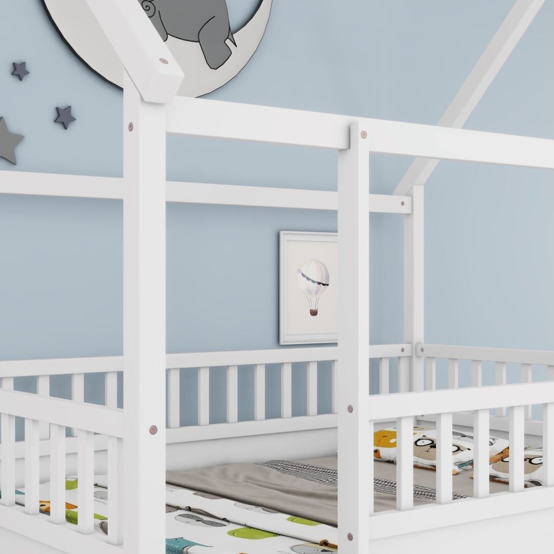 Twin Size Floor Wooden Bed with House Roof Frame Fence Guardrails