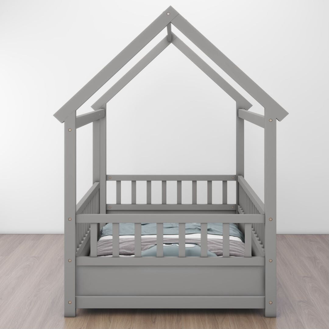 Twin Size Floor Wooden Bed with House Roof Frame Fence Guardrails