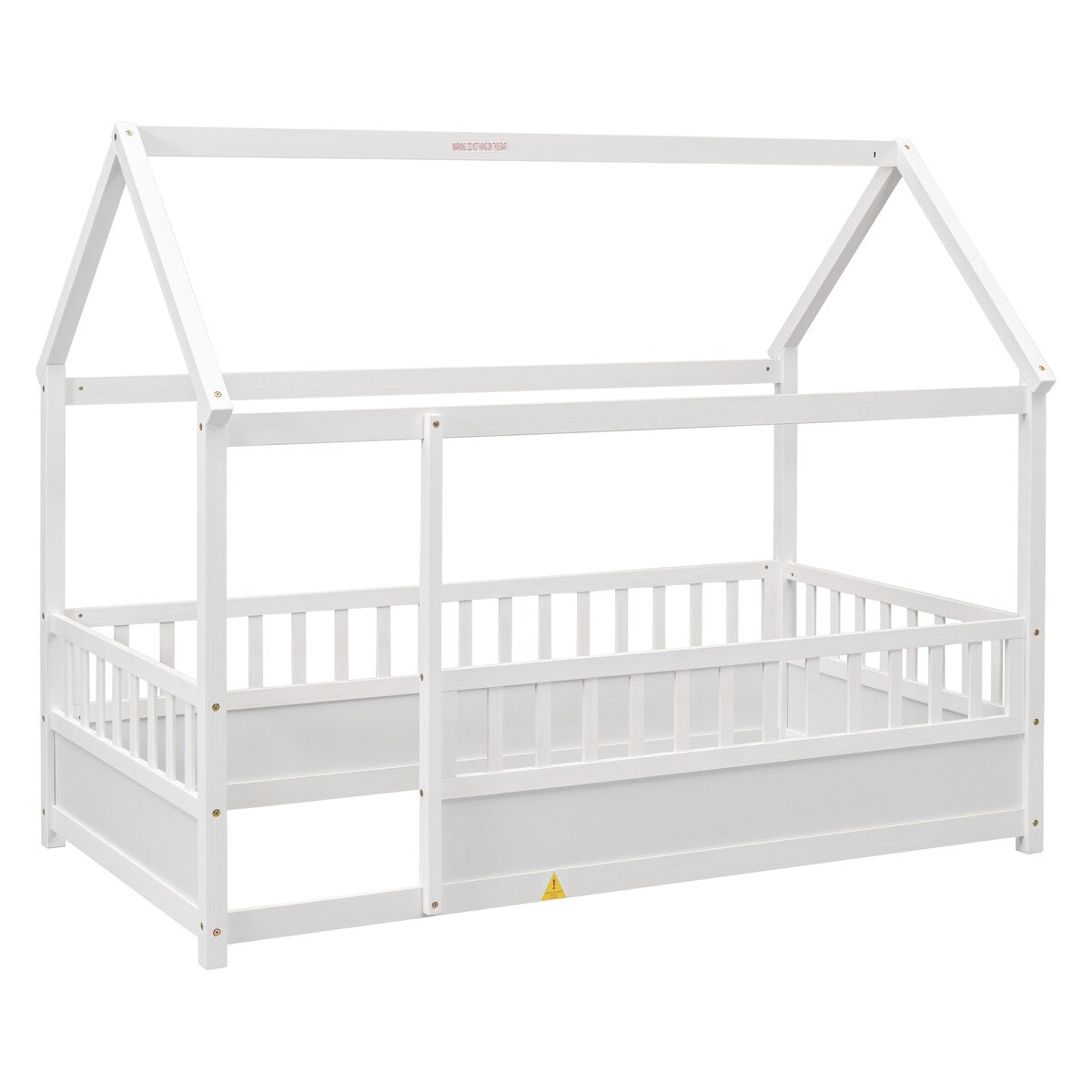 Twin Size Floor Wooden Bed with House Roof Frame Fence Guardrails