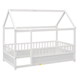 Twin Size Floor Wooden Bed with House Roof Frame Fence Guardrails