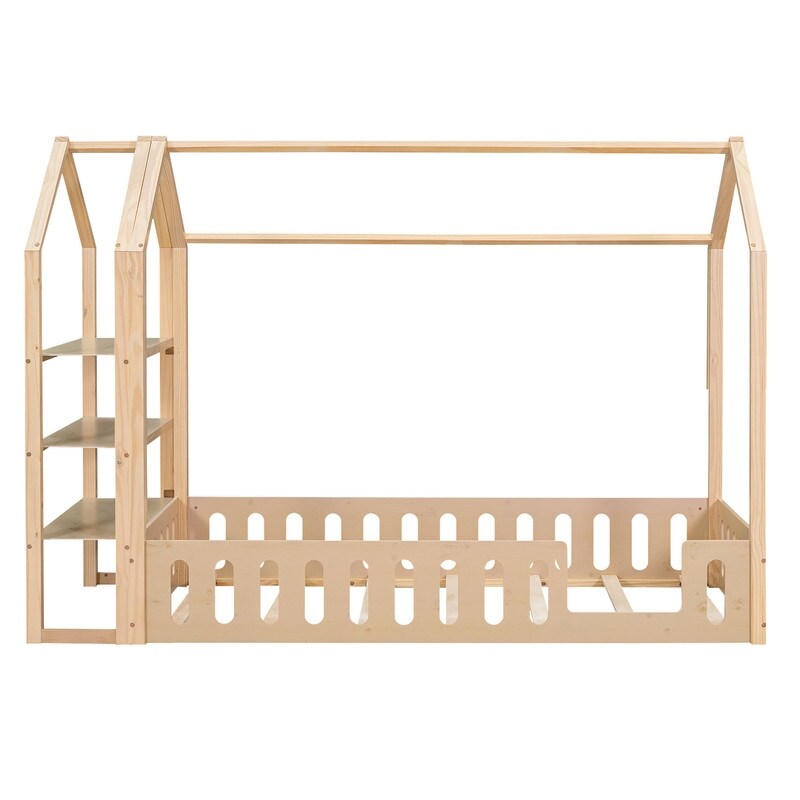 Twin Size House Bed with Fence, Wooden Bed with Detachable Storage Shelves, Kid's Bed Frame for Bedroom, Natural