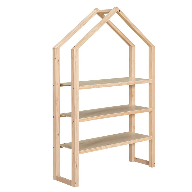 Twin Size House Bed with Fence, Wooden Bed with Detachable Storage Shelves, Kid's Bed Frame for Bedroom, Natural