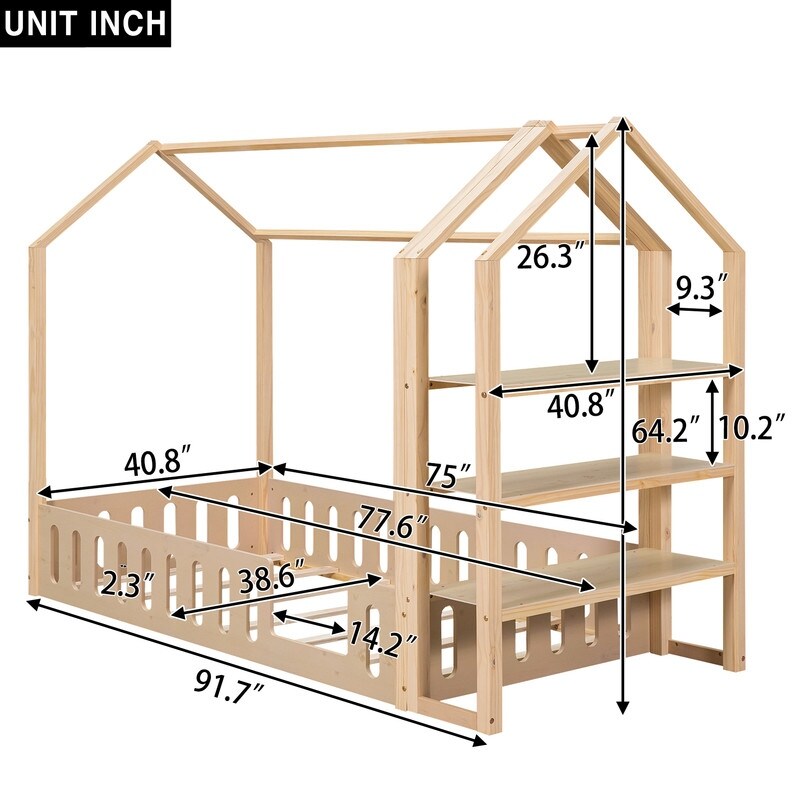 Twin Size House Bed with Fence, Wooden Bed with Detachable Storage Shelves, Kid's Bed Frame for Bedroom, Natural