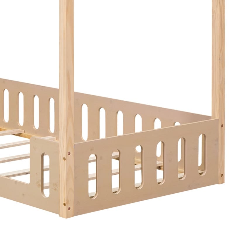 Twin Size House Bed with Fence, Wooden Bed with Detachable Storage Shelves, Kid's Bed Frame for Bedroom, Natural