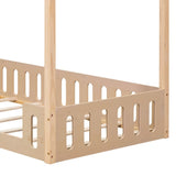 Twin Size House Bed with Fence, Wooden Bed with Detachable Storage Shelves, Kid's Bed Frame for Bedroom, Natural