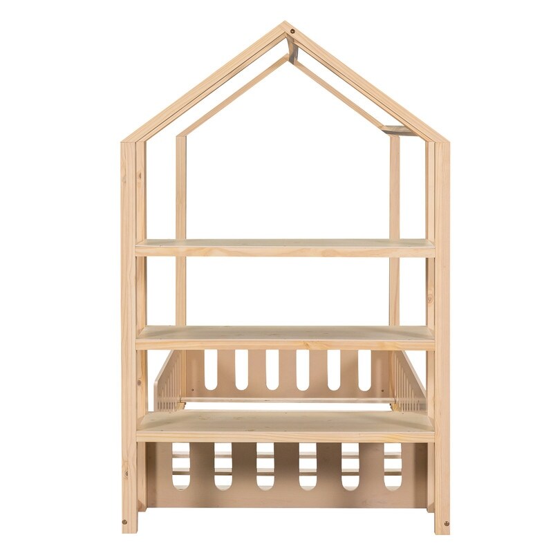 Twin Size House Bed with Fence, Wooden Bed with Detachable Storage Shelves, Kid's Bed Frame for Bedroom, Natural