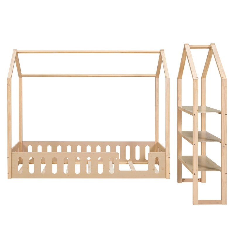 Twin Size House Bed with Fence, Wooden Bed with Detachable Storage Shelves, Kid's Bed Frame for Bedroom, Natural