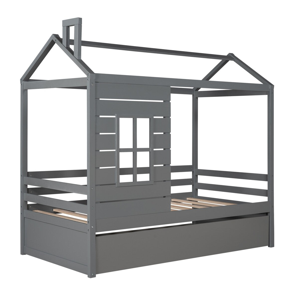 Twin Size House Bed with Trundle & Window & Roof, Grey