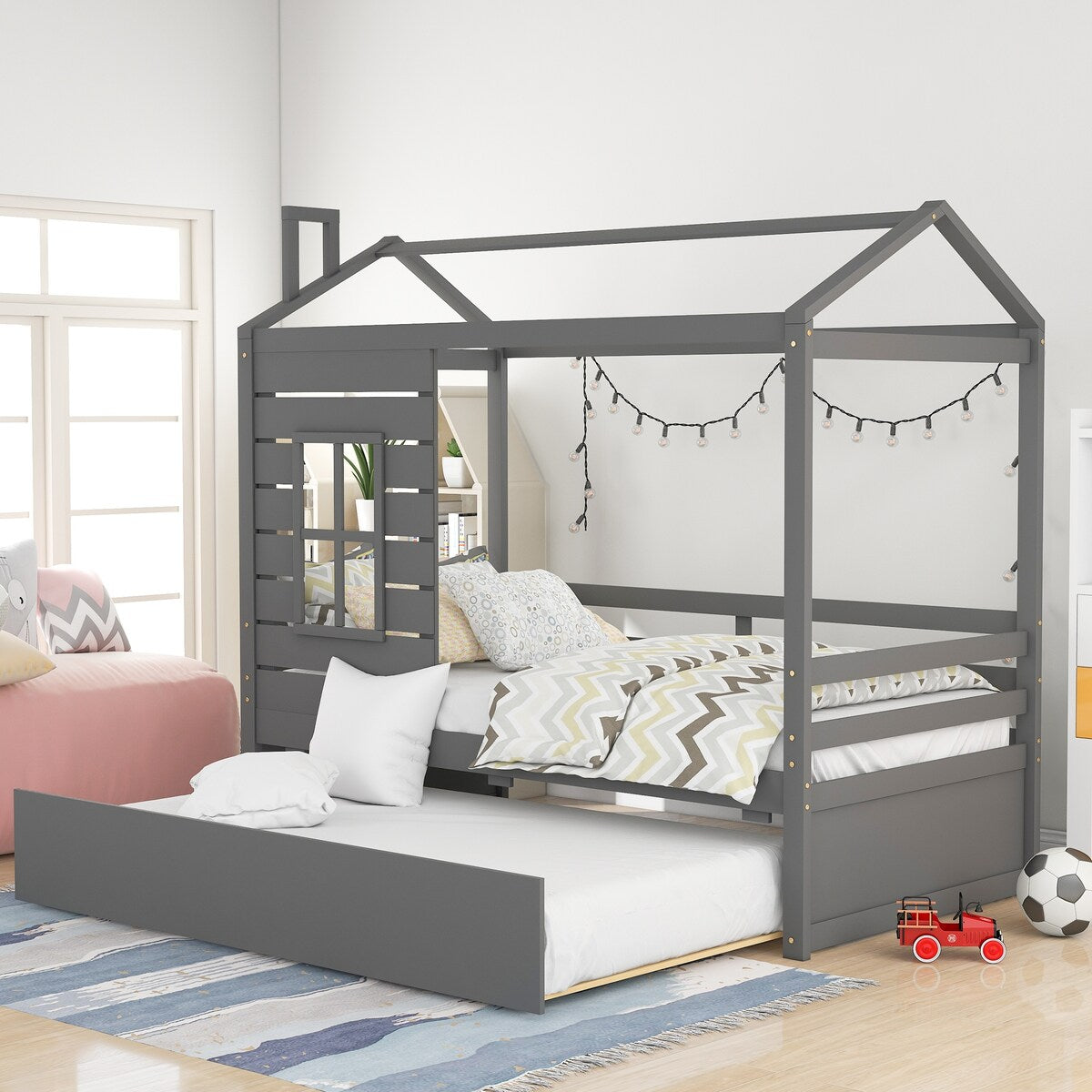 Twin Size House Bed with Trundle & Window & Roof, Grey