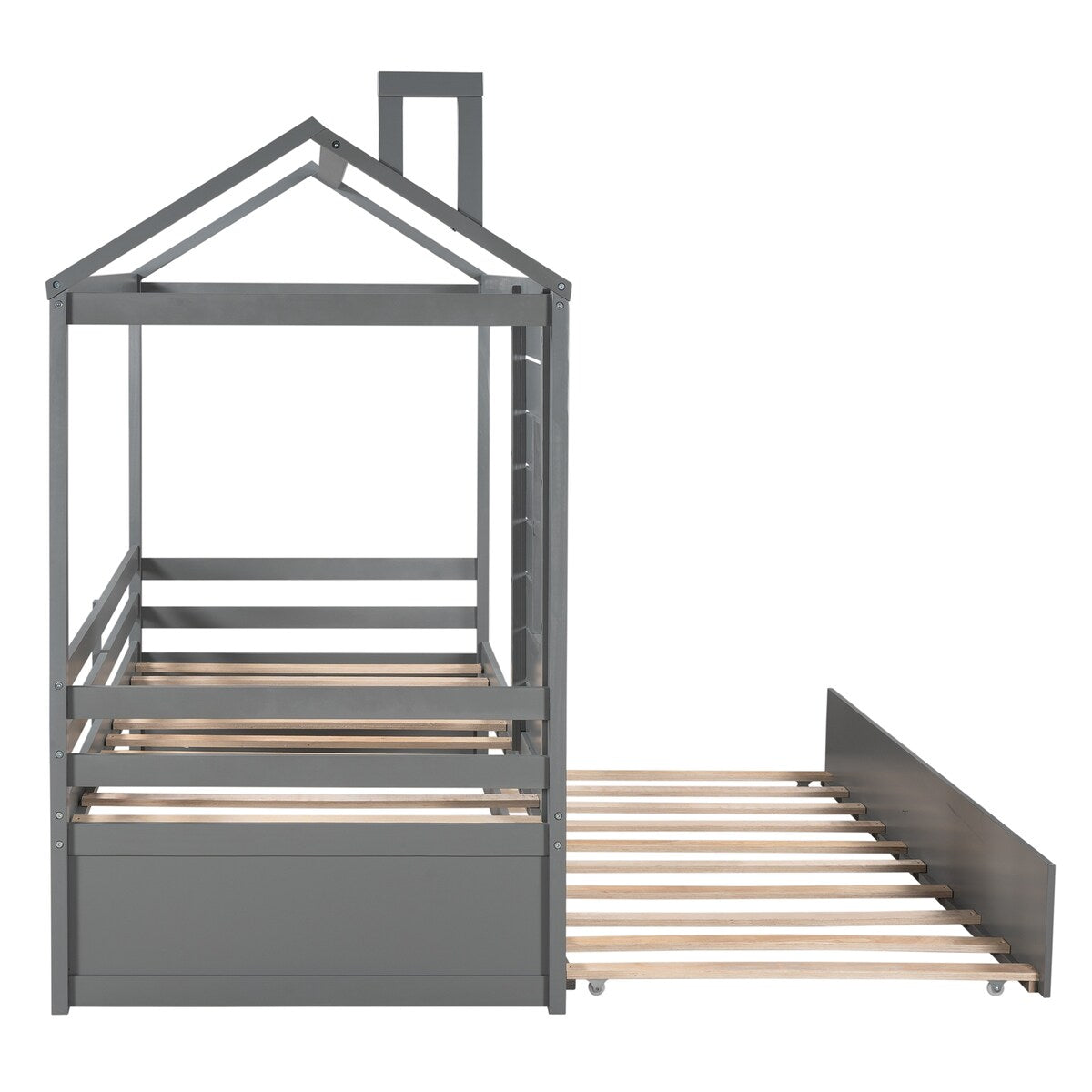 Twin Size House Bed with Trundle & Window & Roof, Grey