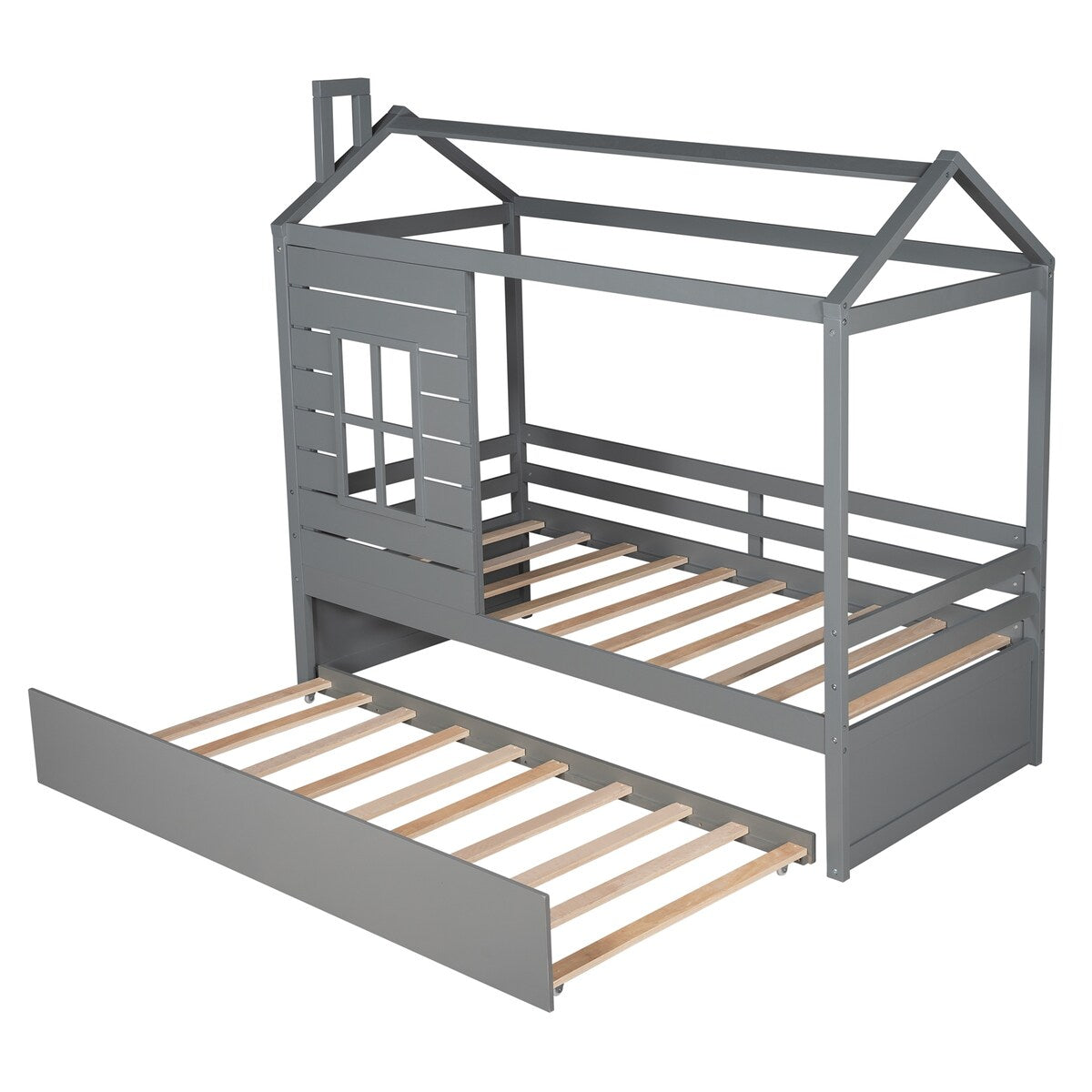 Twin Size House Bed with Trundle & Window & Roof, Grey