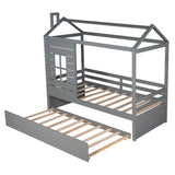 Twin Size House Bed with Trundle & Window & Roof, Grey