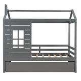 Twin Size House Bed with Trundle & Window & Roof, Grey