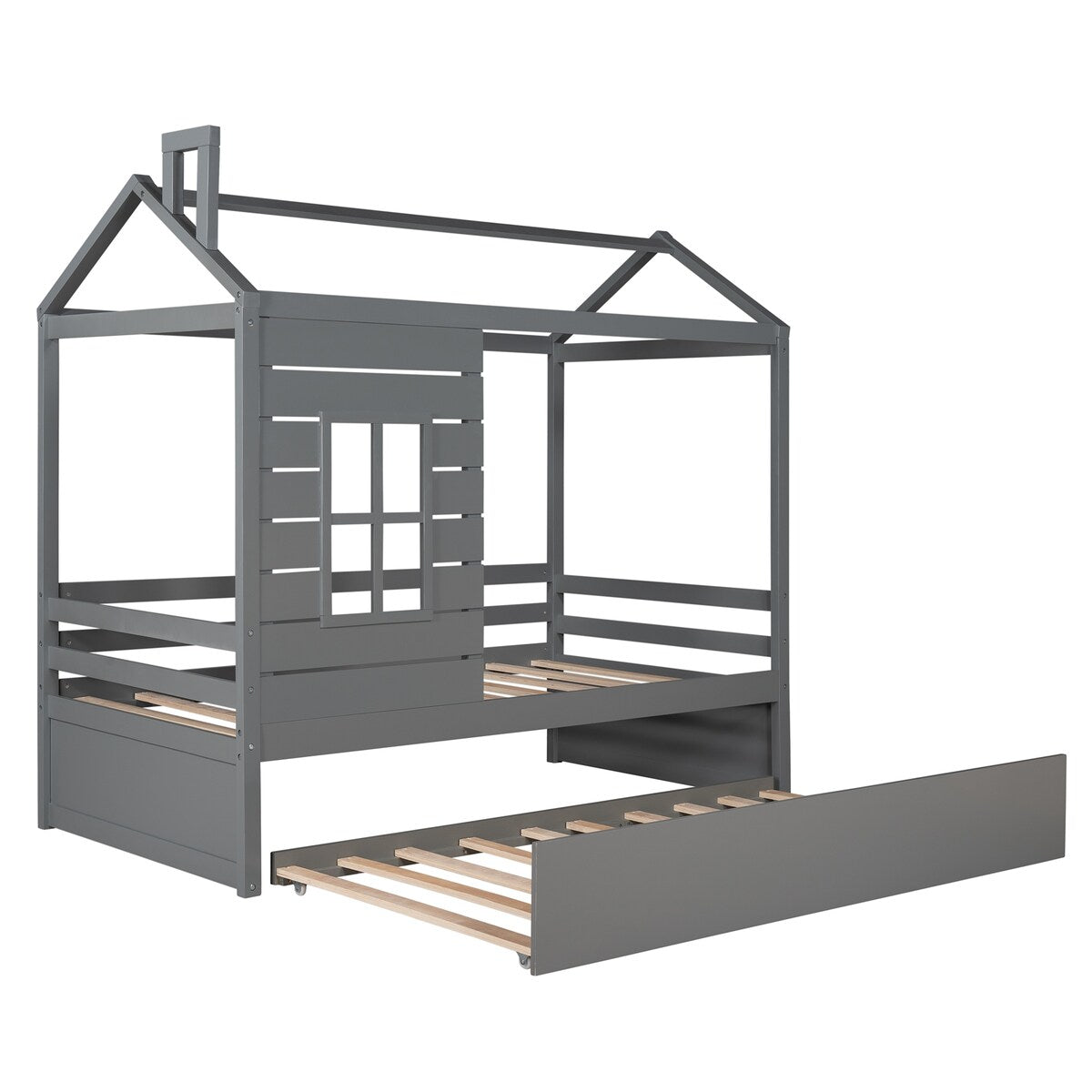 Twin Size House Bed with Trundle & Window & Roof, Grey