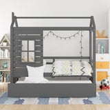 Twin Size House Bed with Trundle & Window & Roof, Grey