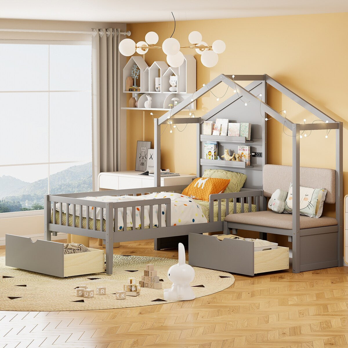 Twin Size House Bed with Upholstered Sofa, House Bed with Charging Station, Wireless Charging, Shelves and Two Drawers