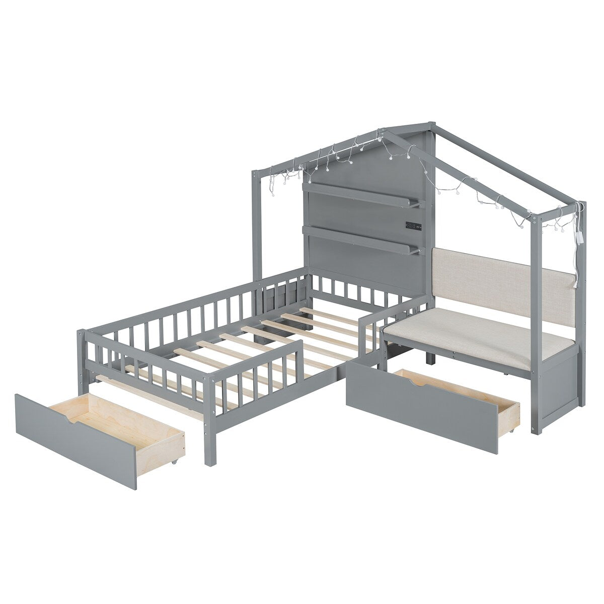 Twin Size House Bed with Upholstered Sofa, House Bed with Charging Station, Wireless Charging, Shelves and Two Drawers