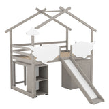 Twin Size House Bed with Wardrobe & Slide and Ladder, Pullable Desk