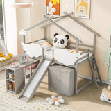 Twin Size House Bed with Wardrobe & Slide and Ladder, Pullable Desk