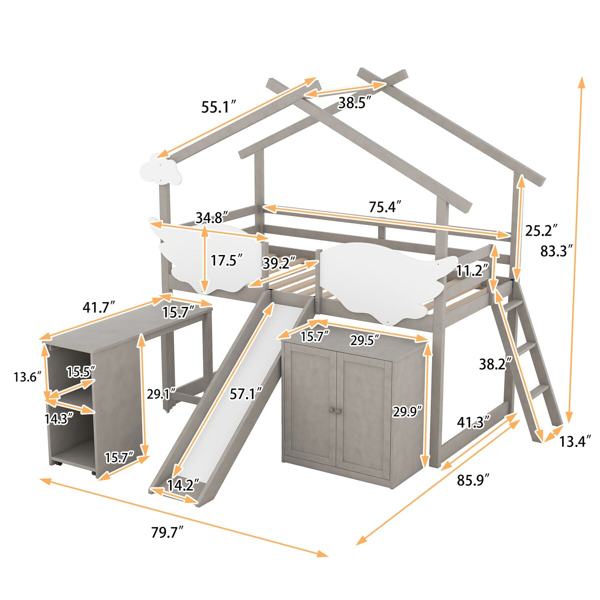 Twin Size House Bed with Wardrobe & Slide and Ladder, Pullable Desk
