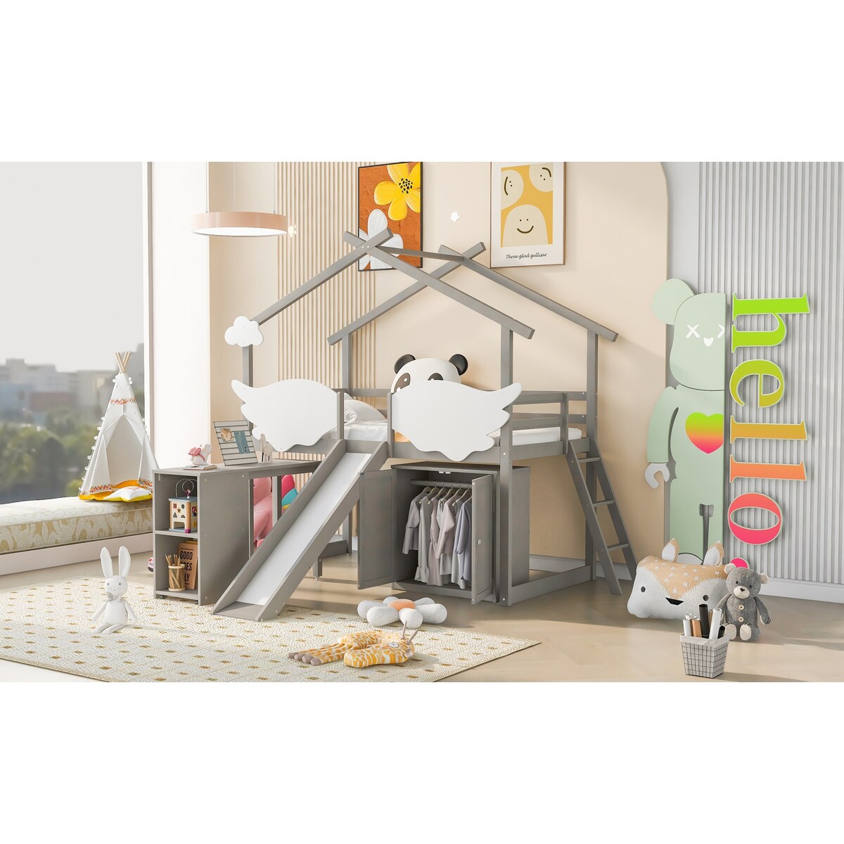 Twin Size House Bed with Wardrobe & Slide and Ladder, Pullable Desk