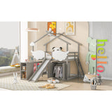 Twin Size House Bed with Wardrobe & Slide and Ladder, Pullable Desk