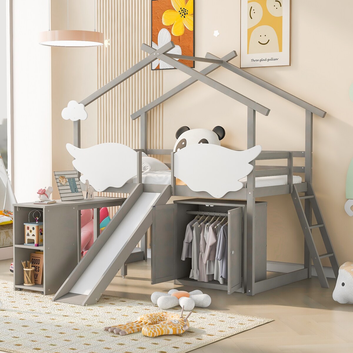 Twin Size House Bed with Wardrobe & Slide and Ladder, Pullable Desk
