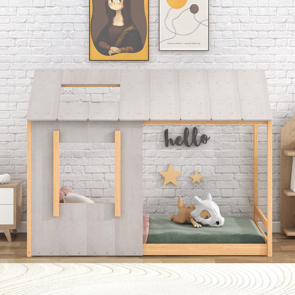 Twin Size House Platform with Roof and Window Mattress not Included