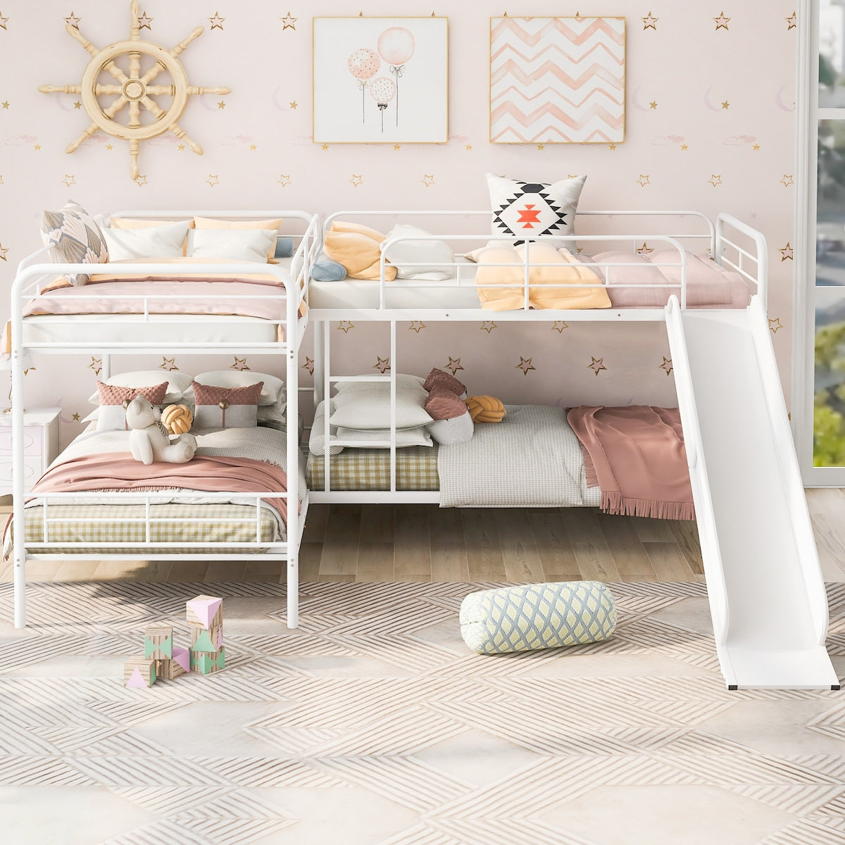Twin Size L-shaped Bunk Bed Metal Frame Kids' Beds with Slide and Ladder & Guardrail