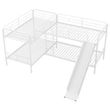 Twin Size L-shaped Bunk Bed Metal Frame Kids' Beds with Slide and Ladder & Guardrail