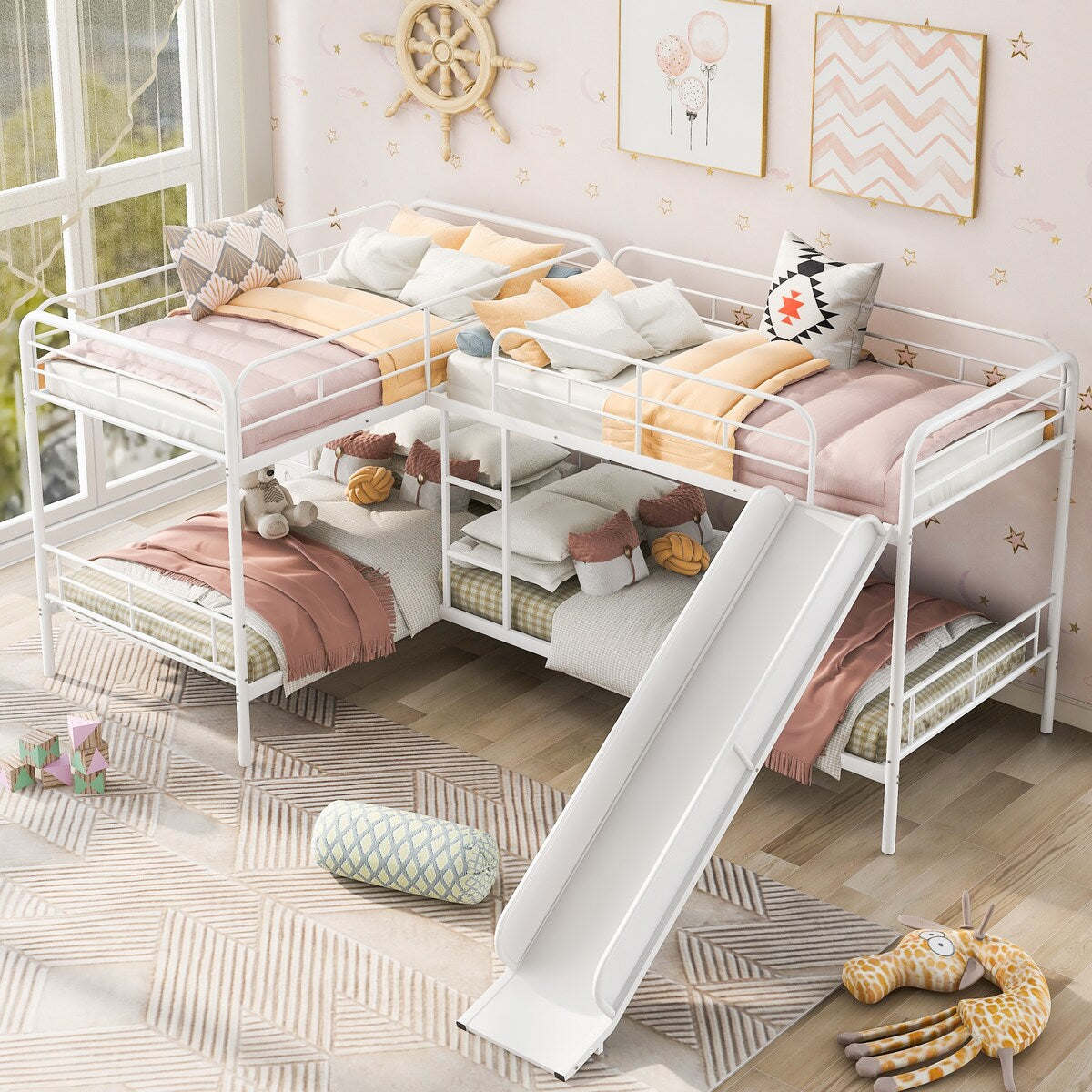 Twin Size L-shaped Bunk Bed Metal Frame Kids' Beds with Slide and Ladder & Guardrail