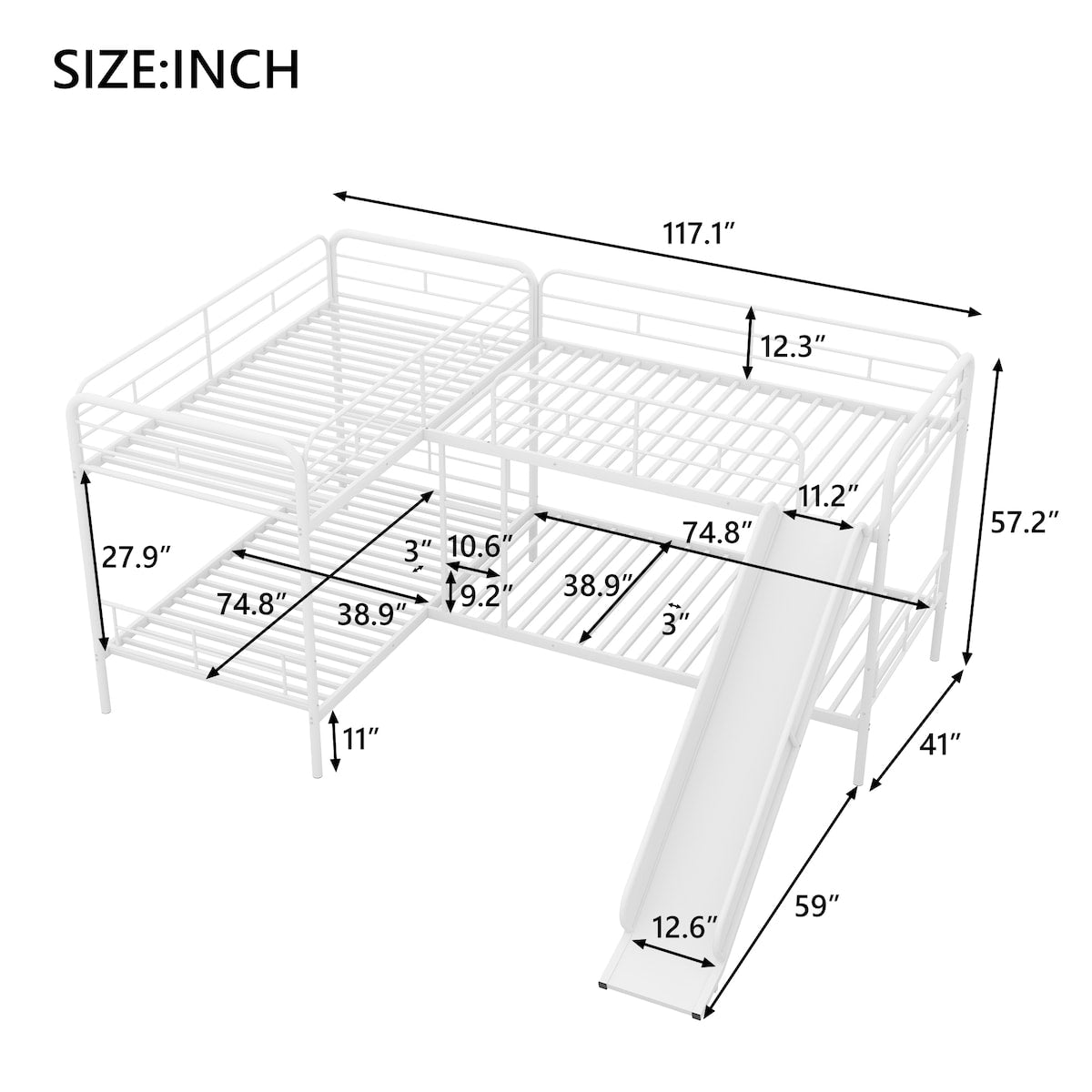 Twin Size L-shaped Bunk Bed Metal Frame Kids' Beds with Slide and Ladder & Guardrail