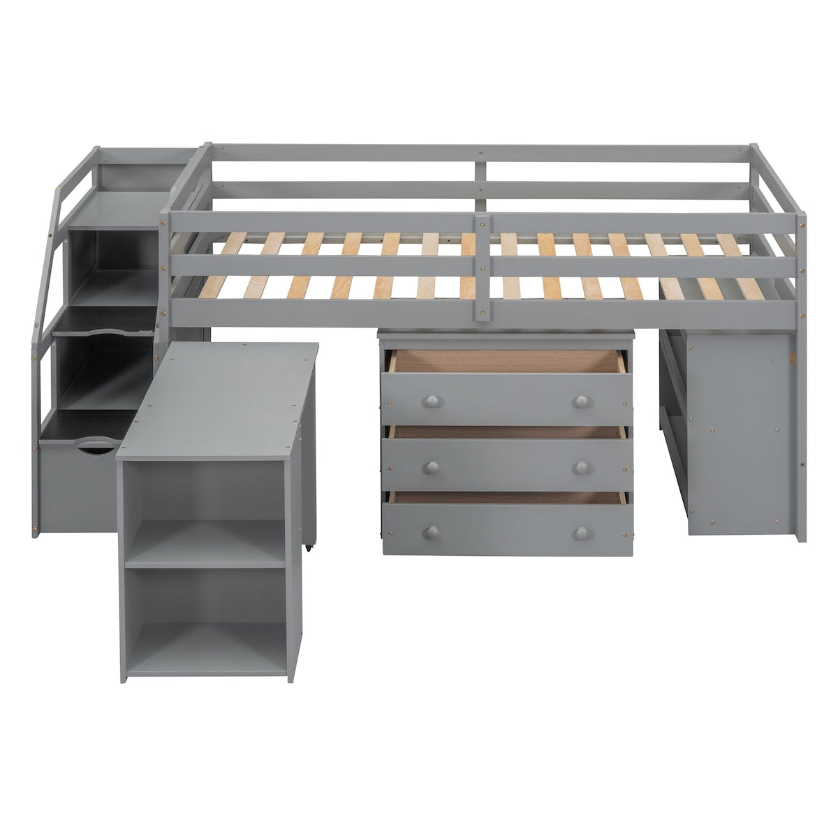 Twin Size Loft Bed With Desk,3 Drawers,Storage Stairs and Shelves