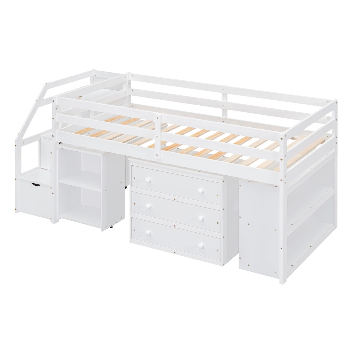 Twin Size Loft Bed With Desk,3 Drawers,Storage Stairs and Shelves