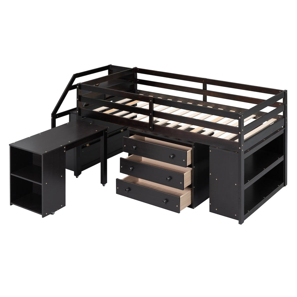 Twin Size Loft Bed With Desk,3 Drawers,Storage Stairs and Shelves