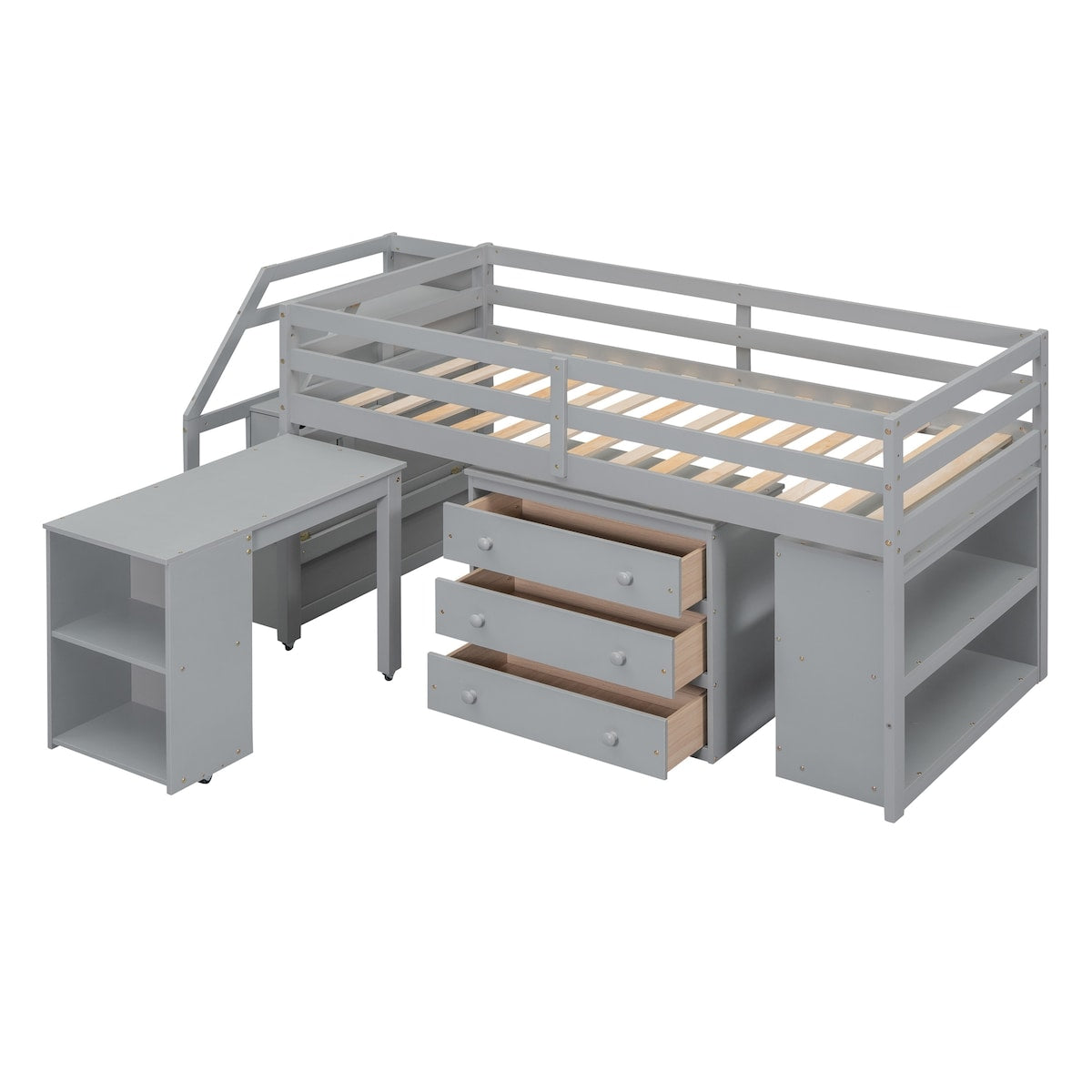 Twin Size Loft Bed With Desk,3 Drawers,Storage Stairs and Shelves