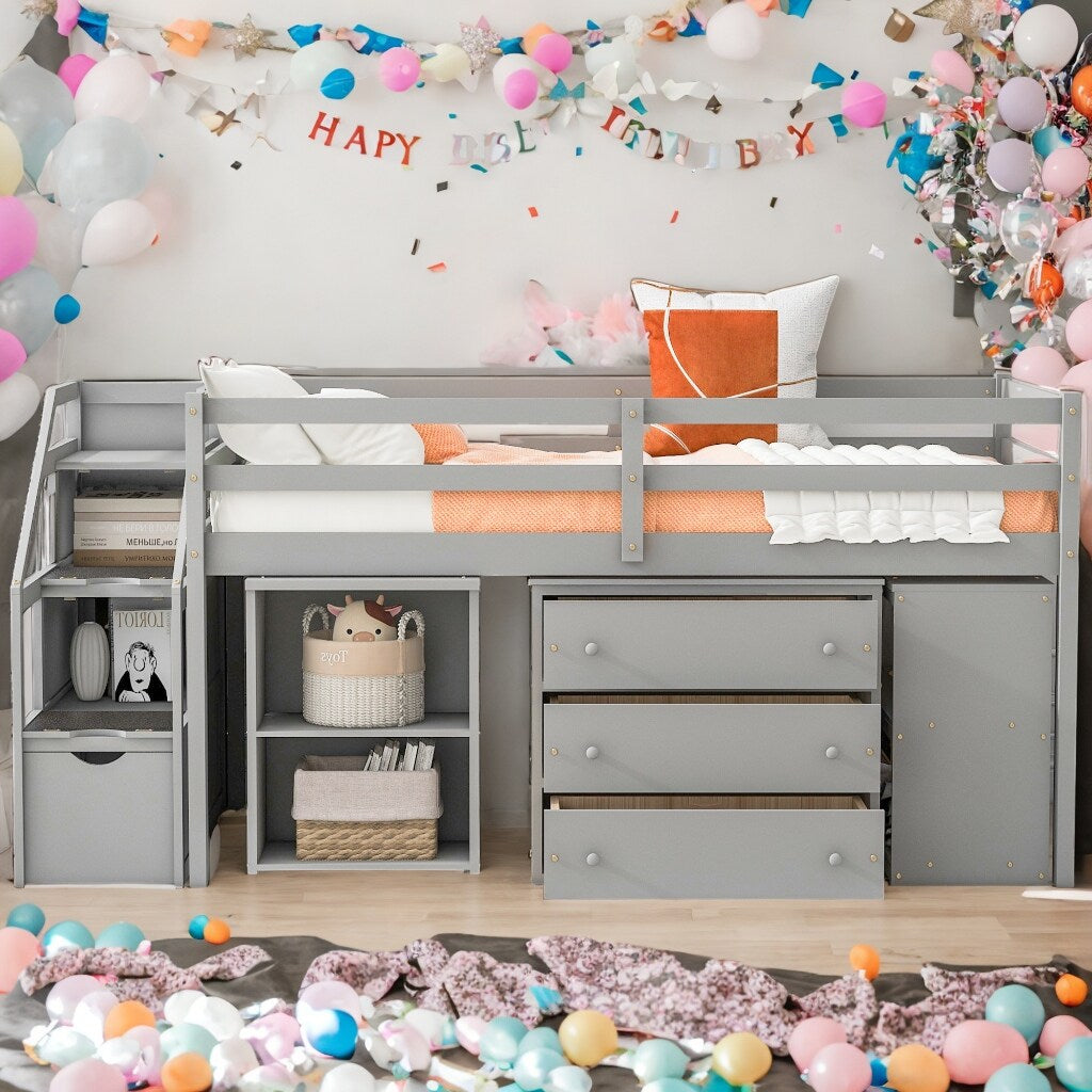 Twin Size Loft Bed With Desk,3 Drawers,Storage Stairs and Shelves